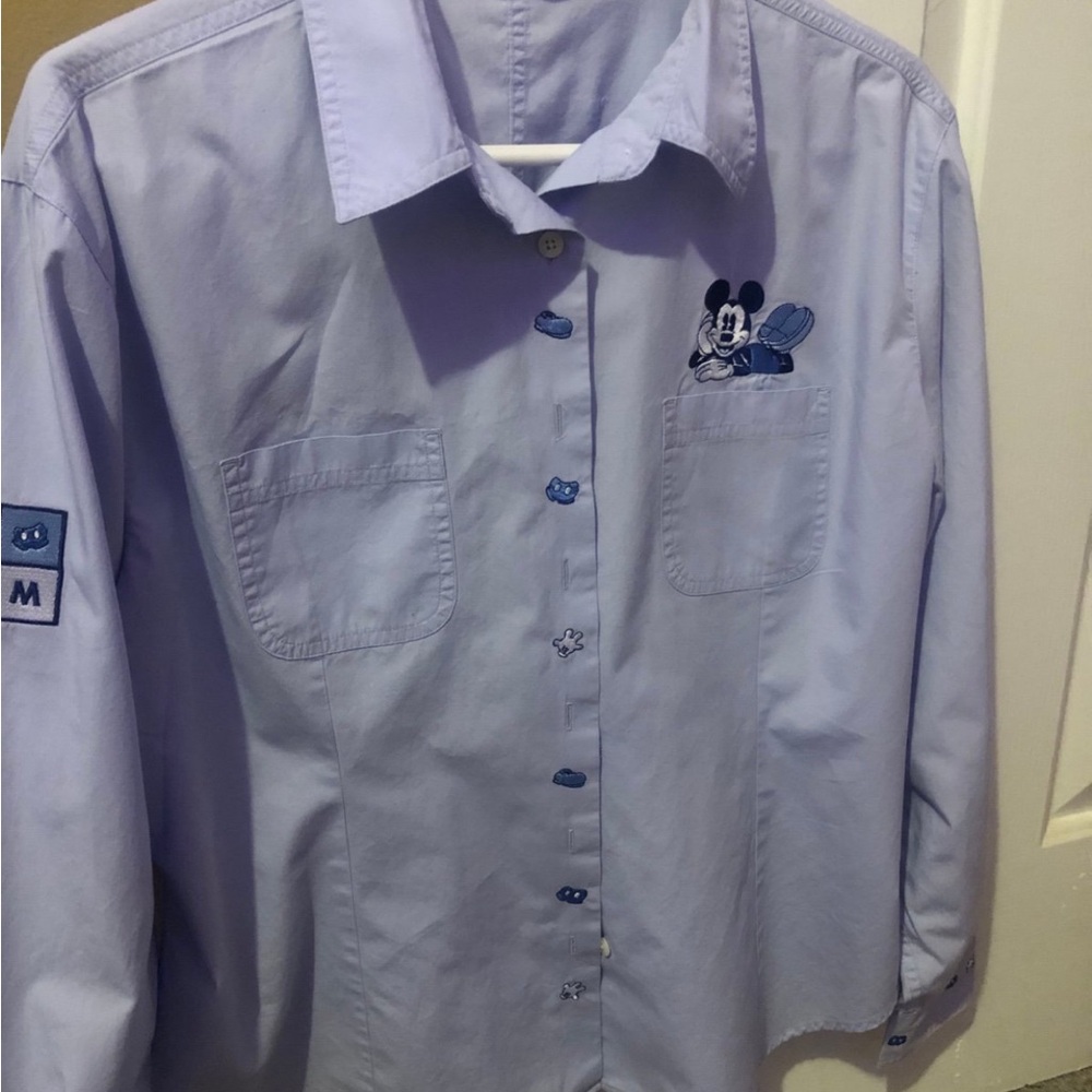Disney Womens Button Up Shirt L Embroidered Mickey Mouse Pocket Cotton Lavender